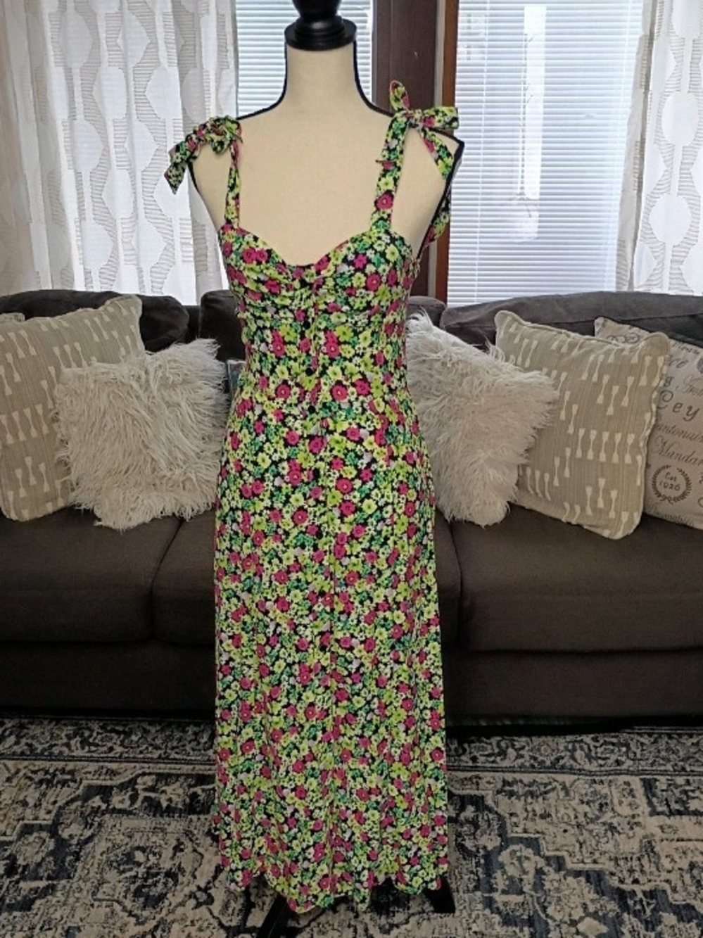 Zara Sleeveless Button Floral Tie-Shoulder Maxi Dress in Bright Pink & Green